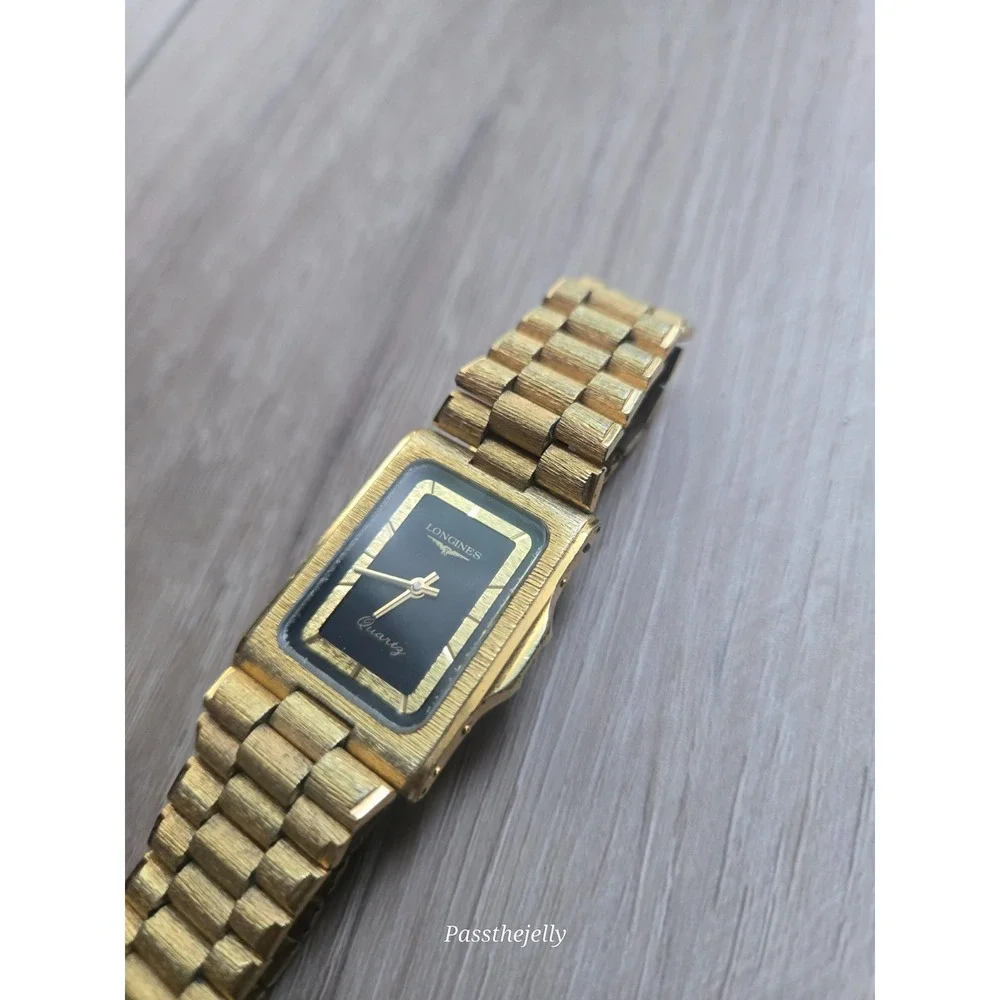 Longines Watch Mens Gold Tone Rectangular Black Dial Quartz Dress Bracelet Vtg